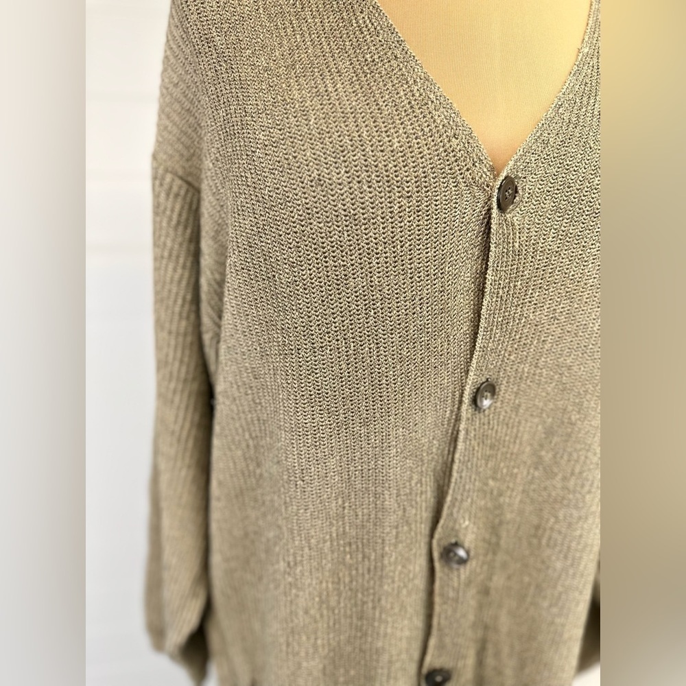 DKNY Linen Blend Loose-knit Button Down Oversized Slouchy Tan Cardigan Size L - Picture 2 of 10